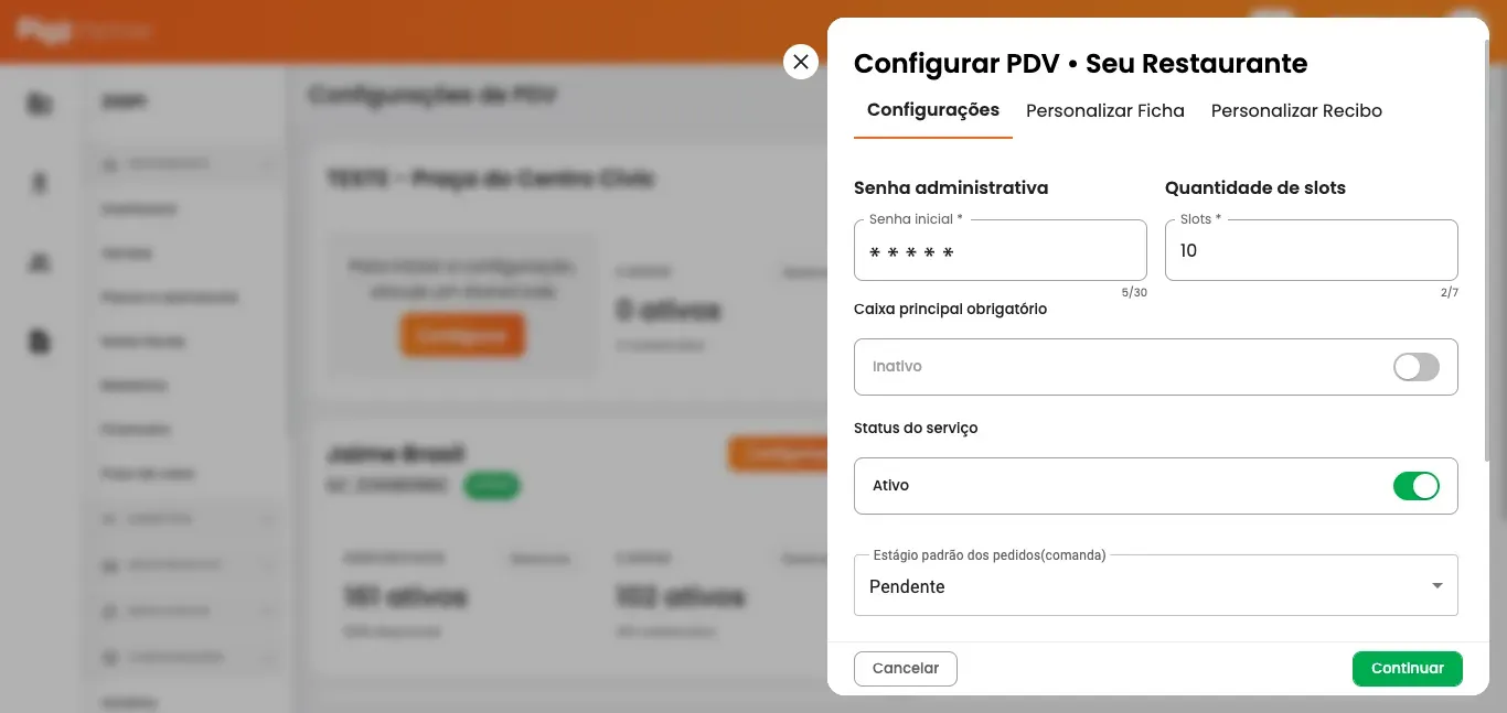 Modal "Configurar PDV" do Pigz Gestão. Campo "Senha administrativa" em foco, essencial para configurar a segurança e as novas permissões de caixa do sistema.