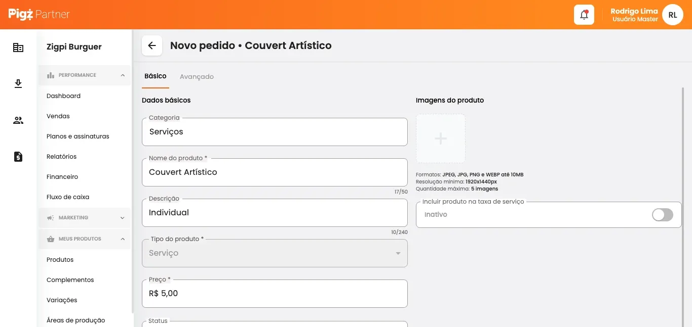 Tela do Pigz Partner mostrando o cadastro de "Couvert Artístico" como um "Serviço". Campos de nome, tipo e preço preenchidos para configurar um novo serviço.
