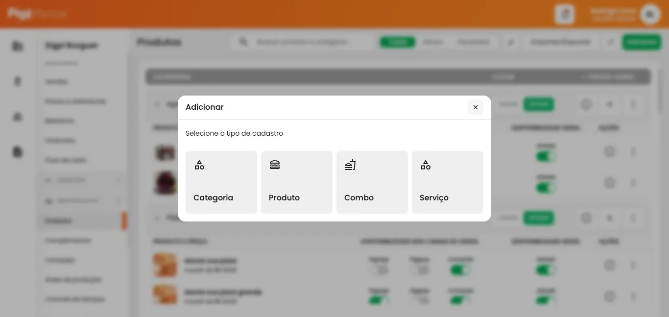 Modal "Adicionar" no Pigz Partner, com a opção "Serviço" destacada, mostrando como iniciar o cadastro de serviços.