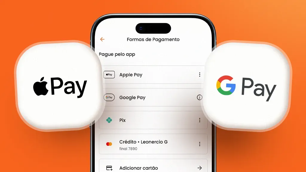 Tela de aplicativo mostrando Apple Pay e Google Pay como formas de pagamento, com seus logos em destaque