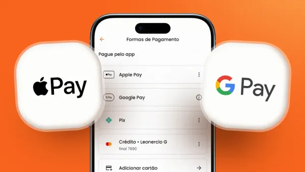 Tela de aplicativo mostrando Apple Pay e Google Pay como formas de pagamento, com seus logos em destaque